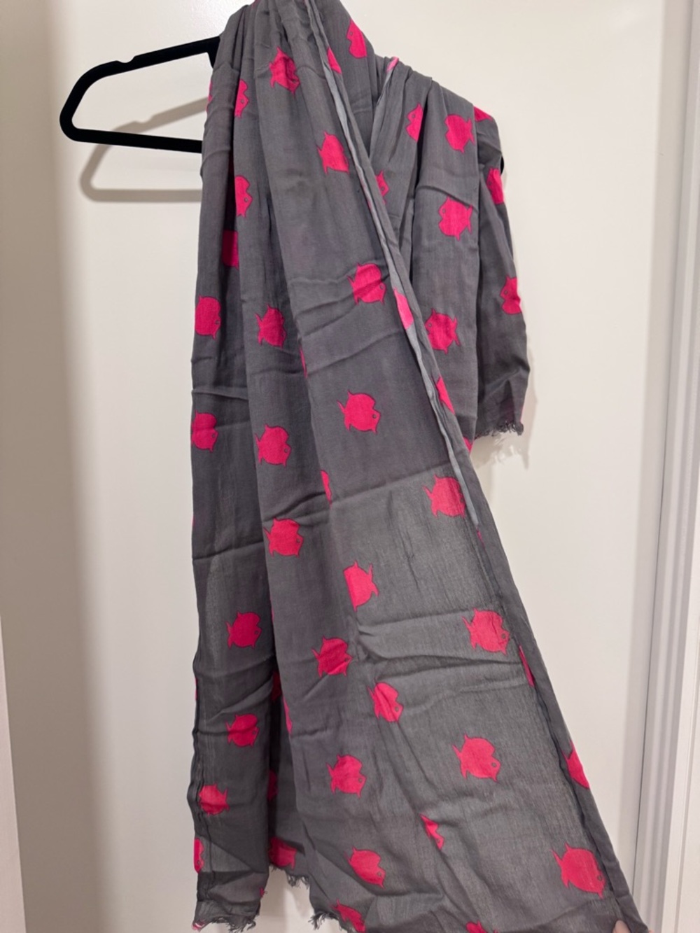 Banana Republic Gray Scarf with Hot Pink Fishes!! 100% Cotton. Fringes